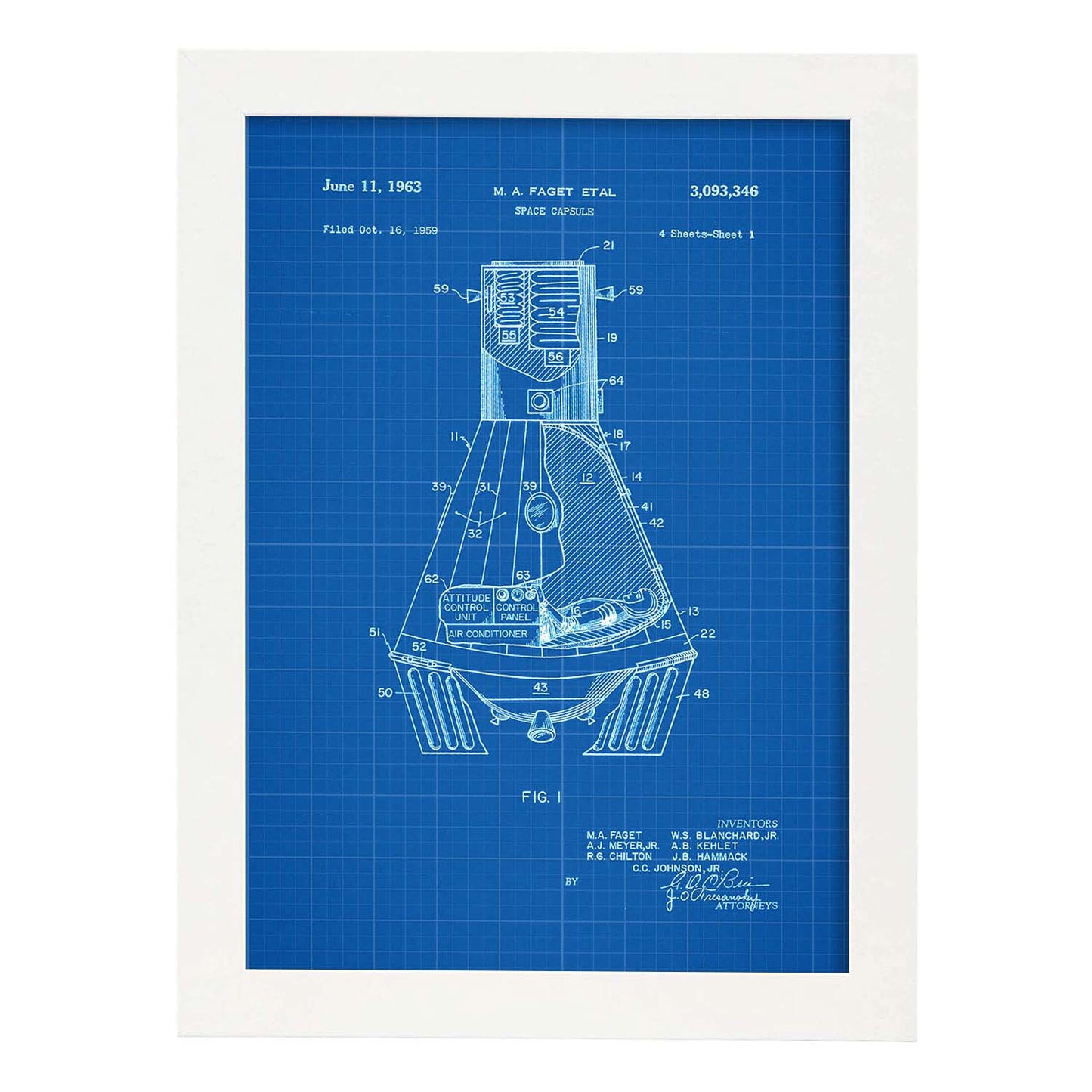 Poster con patente de Capsula espacial. Lámina con diseño de patente antigua-Artwork-Nacnic-A3-Marco Blanco-Nacnic Estudio SL