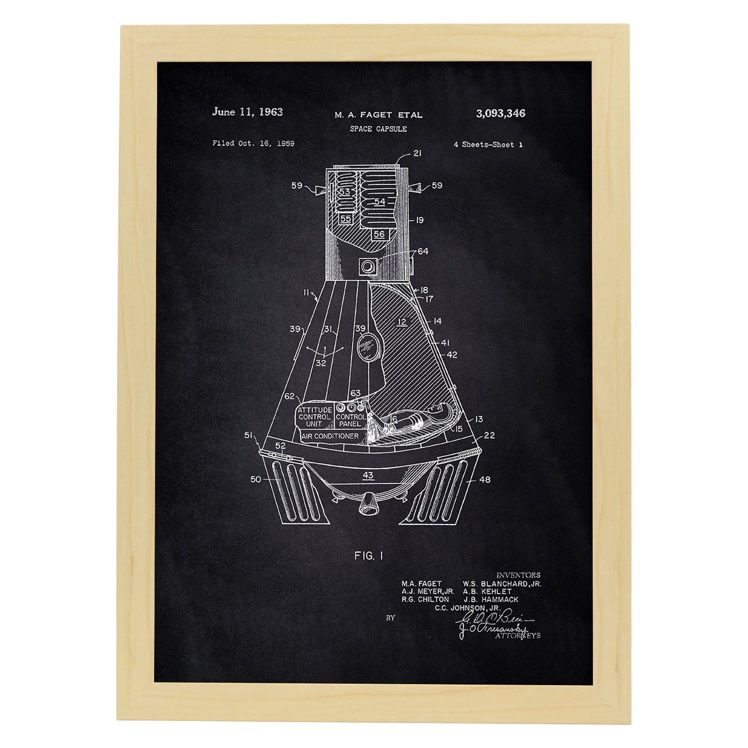 Poster con patente de Capsula espacial. Lámina con diseño de patente antigua-Artwork-Nacnic-A3-Marco Madera clara-Nacnic Estudio SL