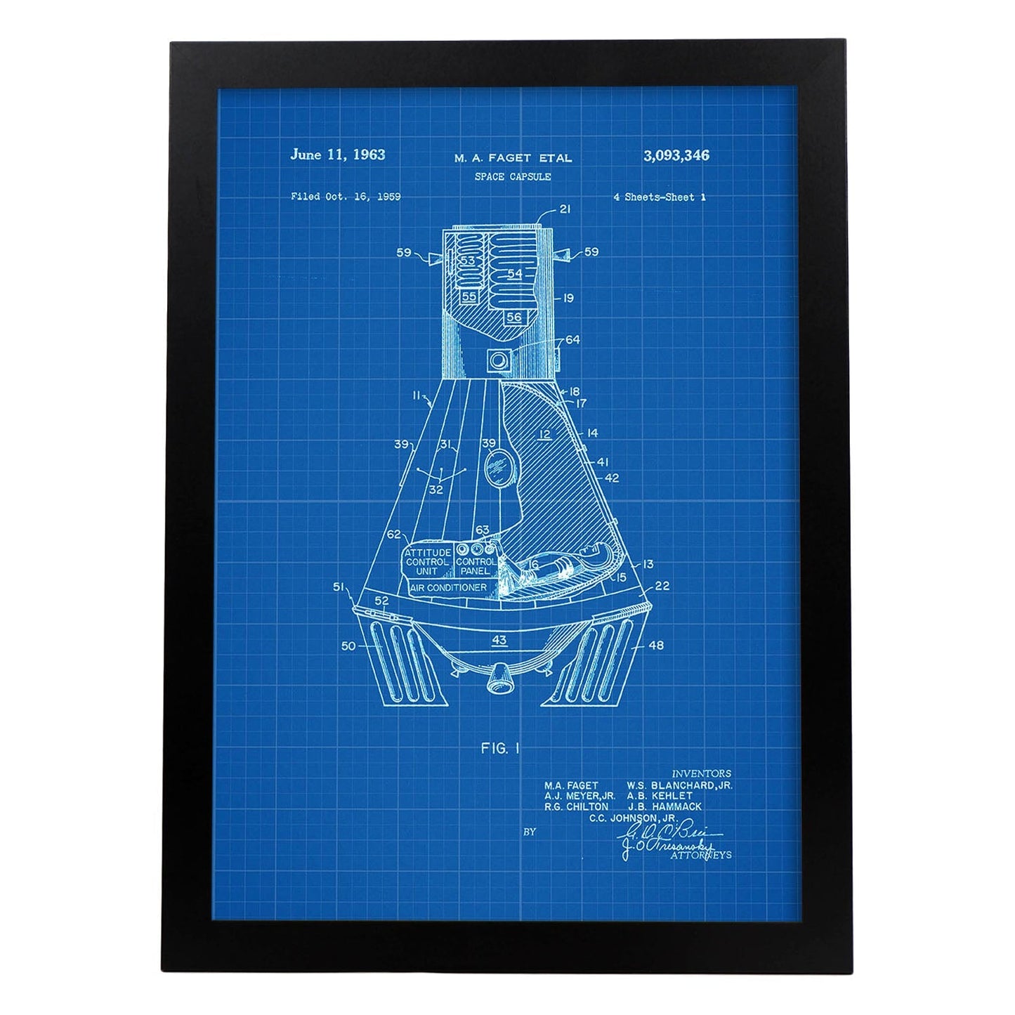 Poster con patente de Capsula espacial. Lámina con diseño de patente antigua-Artwork-Nacnic-A3-Marco Negro-Nacnic Estudio SL