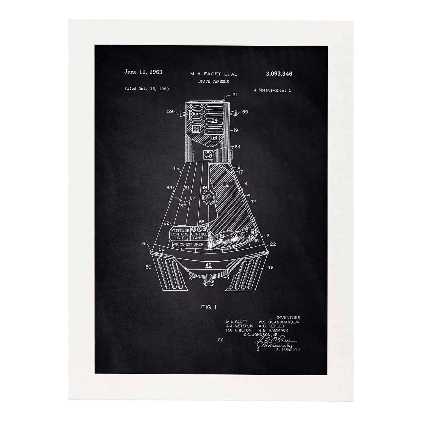 Poster con patente de Capsula espacial. Lámina con diseño de patente antigua-Artwork-Nacnic-A4-Marco Blanco-Nacnic Estudio SL