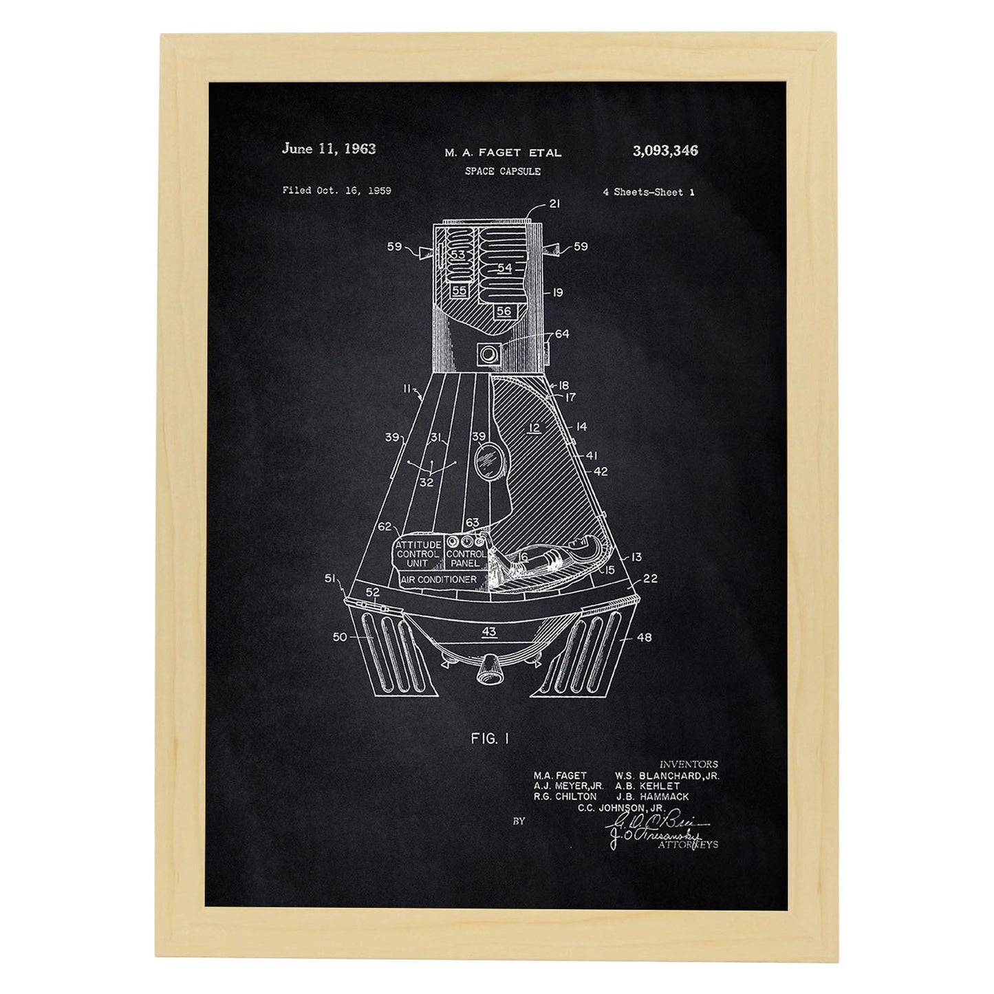 Poster con patente de Capsula espacial. Lámina con diseño de patente antigua-Artwork-Nacnic-A4-Marco Madera clara-Nacnic Estudio SL