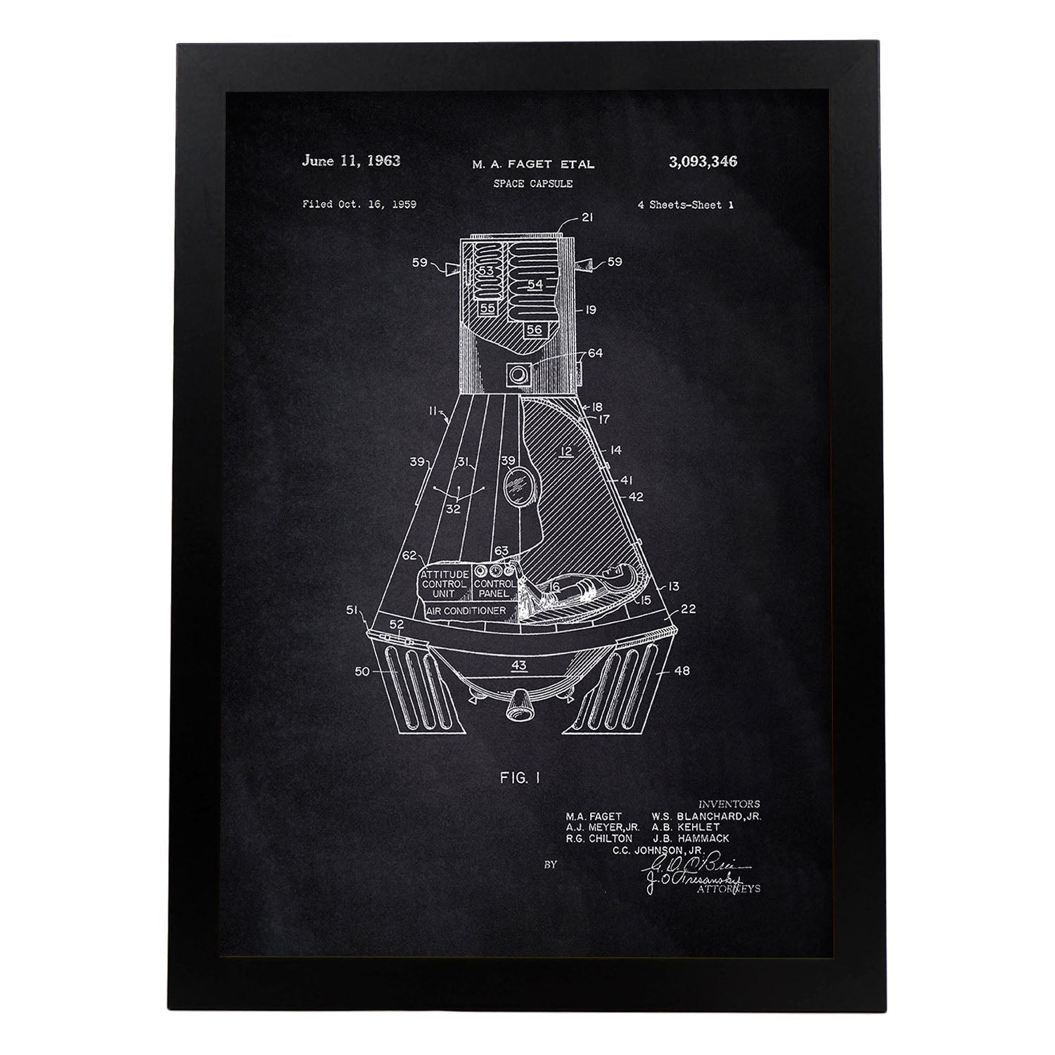 Poster con patente de Capsula espacial. Lámina con diseño de patente antigua-Artwork-Nacnic-A4-Marco Negro-Nacnic Estudio SL