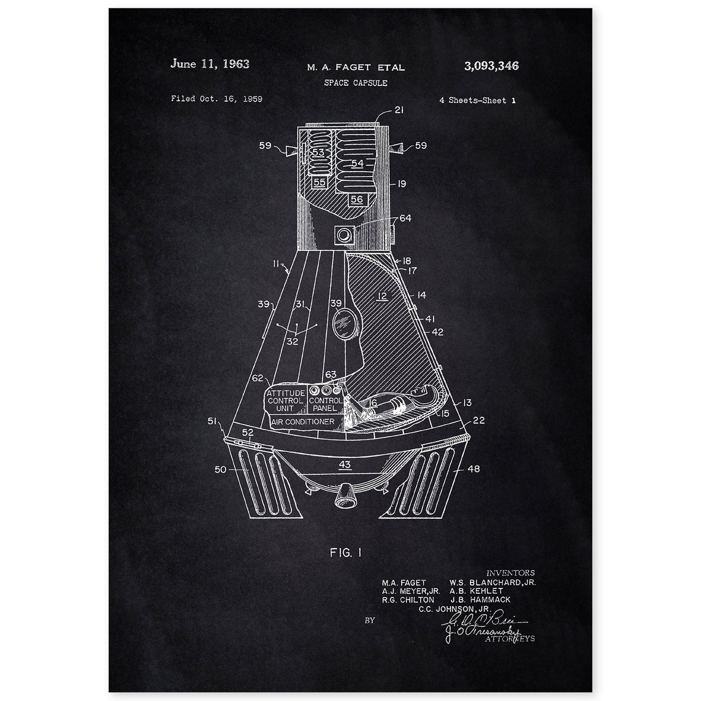 Poster con patente de Capsula espacial. Lámina con diseño de patente antigua-Artwork-Nacnic-A4-Sin marco-Nacnic Estudio SL