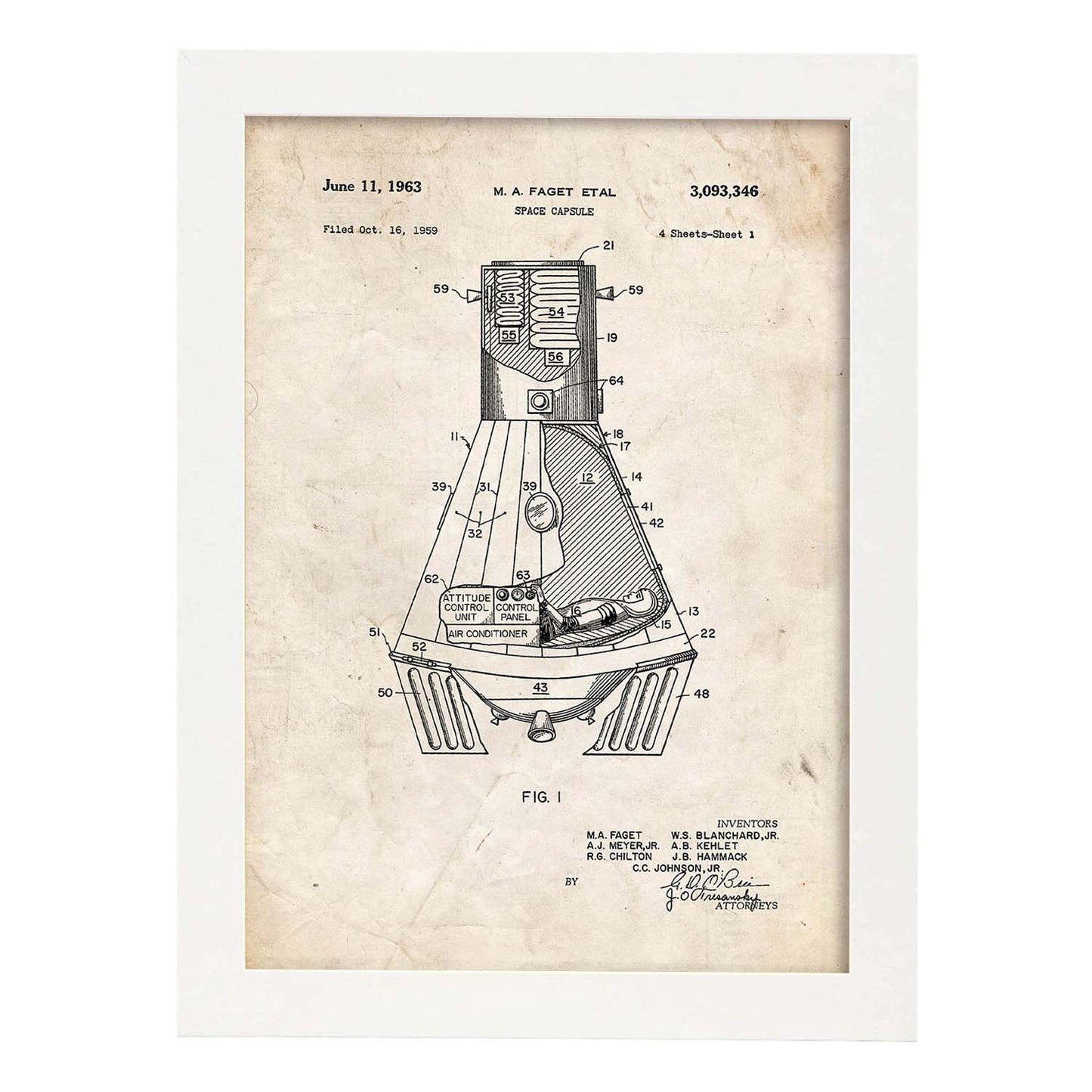 Poster con patente de Capsula espacial. Lámina con diseño de patente antigua.-Artwork-Nacnic-A3-Marco Blanco-Nacnic Estudio SL