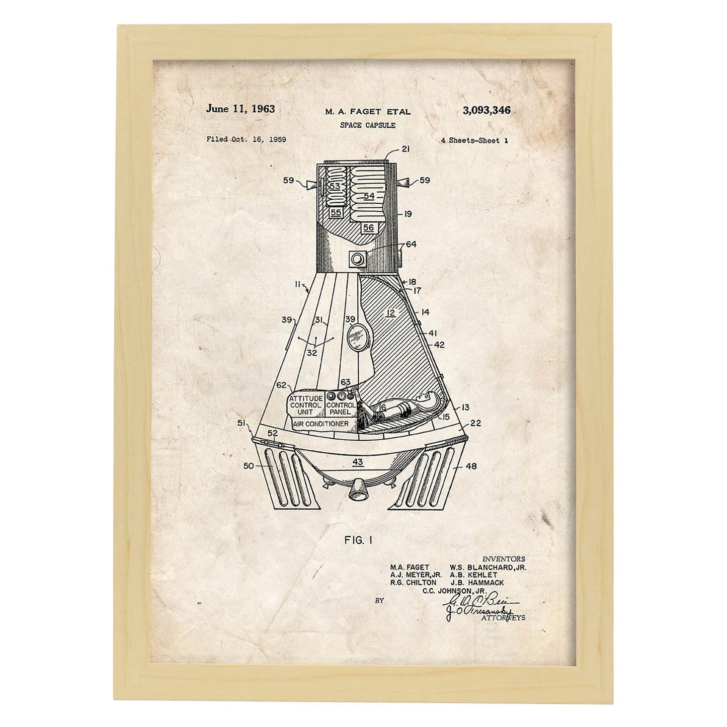 Poster con patente de Capsula espacial. Lámina con diseño de patente antigua.-Artwork-Nacnic-A3-Marco Madera clara-Nacnic Estudio SL
