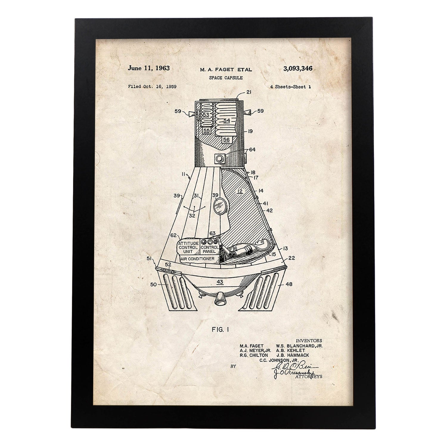 Poster con patente de Capsula espacial. Lámina con diseño de patente antigua.-Artwork-Nacnic-A3-Marco Negro-Nacnic Estudio SL