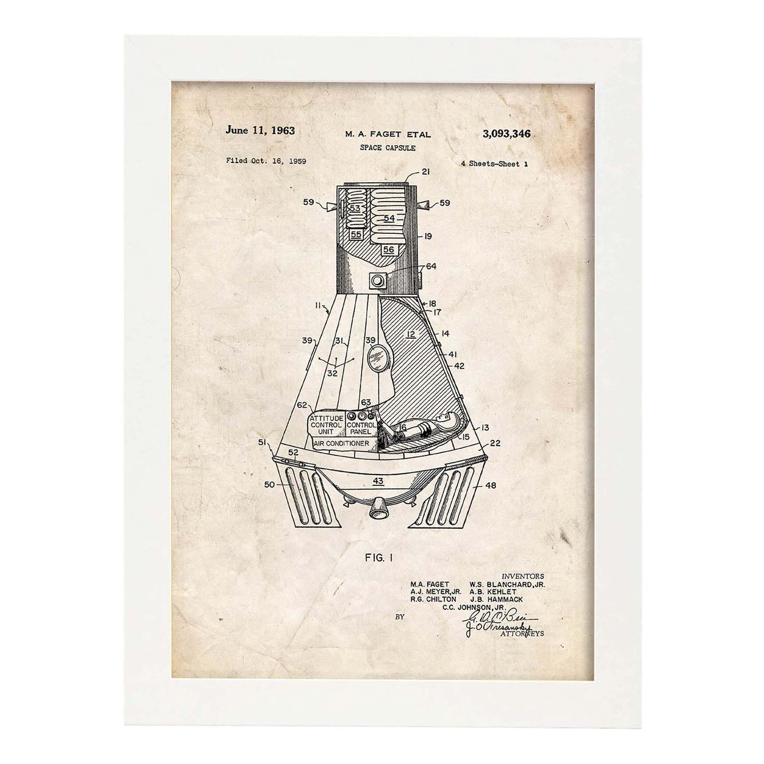 Poster con patente de Capsula espacial. Lámina con diseño de patente antigua.-Artwork-Nacnic-A4-Marco Blanco-Nacnic Estudio SL