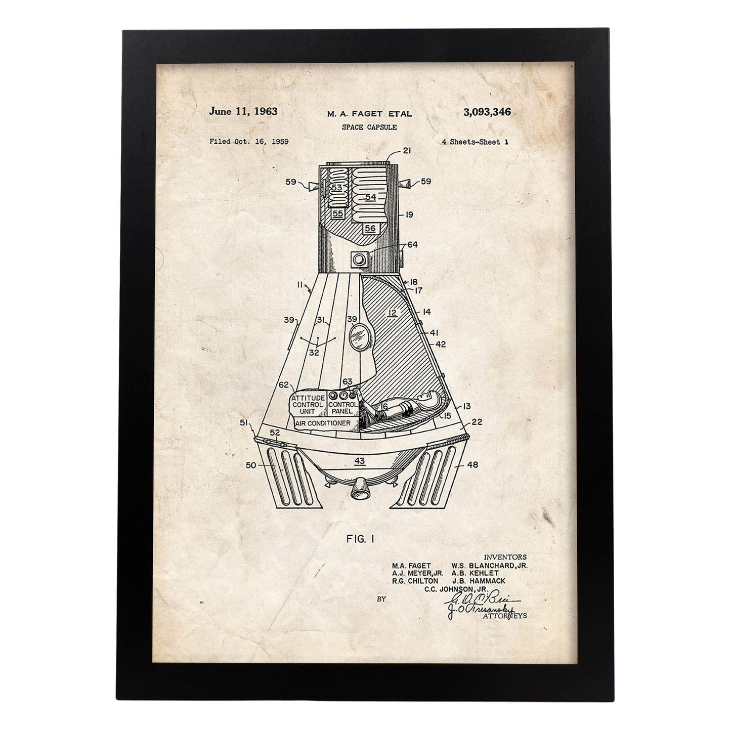 Poster con patente de Capsula espacial. Lámina con diseño de patente antigua.-Artwork-Nacnic-A4-Marco Negro-Nacnic Estudio SL