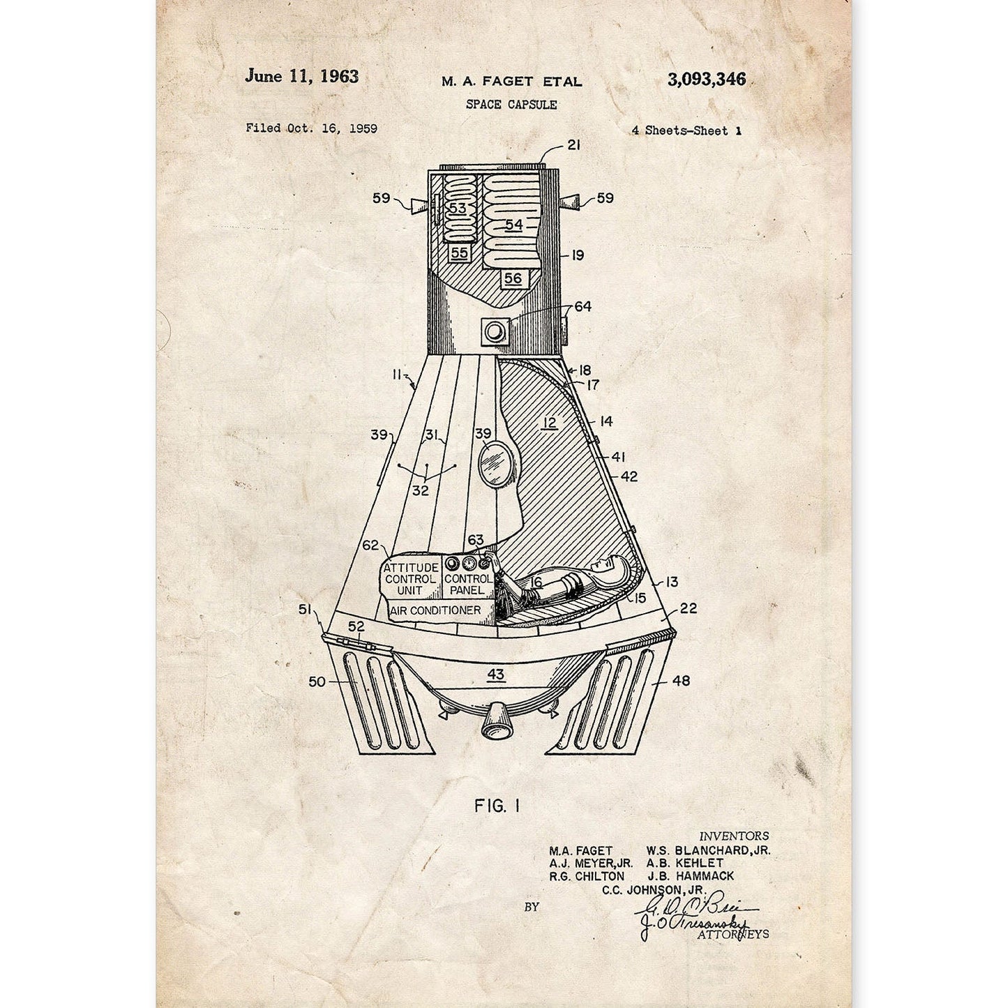 Poster con patente de Capsula espacial. Lámina con diseño de patente antigua.-Artwork-Nacnic-A4-Sin marco-Nacnic Estudio SL