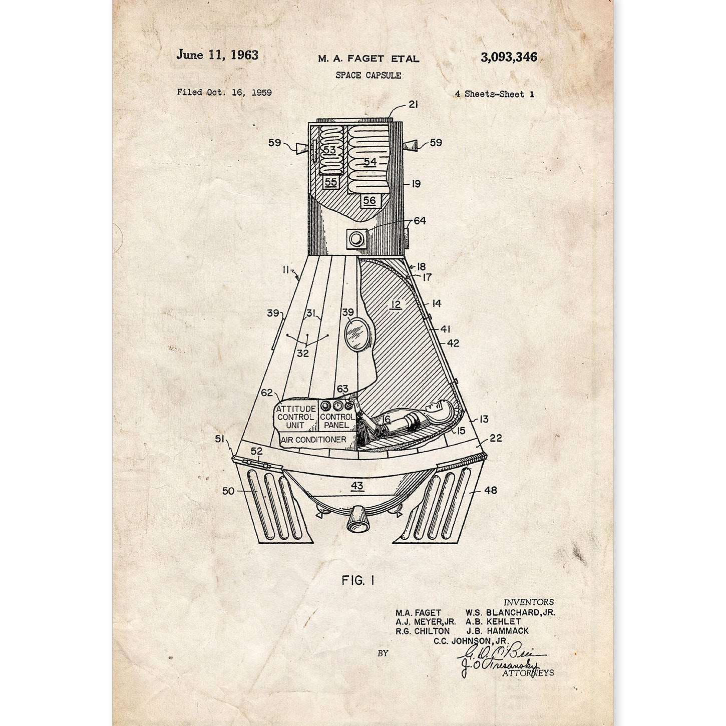 Poster con patente de Capsula espacial. Lámina con diseño de patente antigua.-Artwork-Nacnic-A4-Sin marco-Nacnic Estudio SL