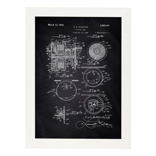 Poster con patente de Carrete de pescar. Lámina con diseño de patente antigua-Artwork-Nacnic-A3-Marco Blanco-Nacnic Estudio SL
