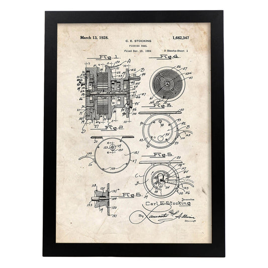 Poster con patente de Carrete de pescar. Lámina con diseño de patente antigua.-Artwork-Nacnic-A3-Marco Negro-Nacnic Estudio SL