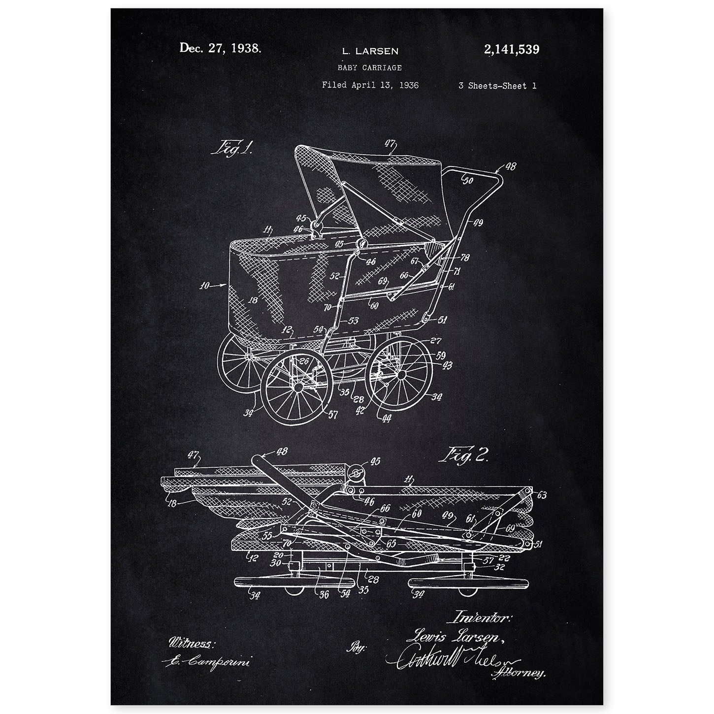 Poster con patente de Carrito bebe sentado. Lámina con diseño de patente antigua-Artwork-Nacnic-A4-Sin marco-Nacnic Estudio SL