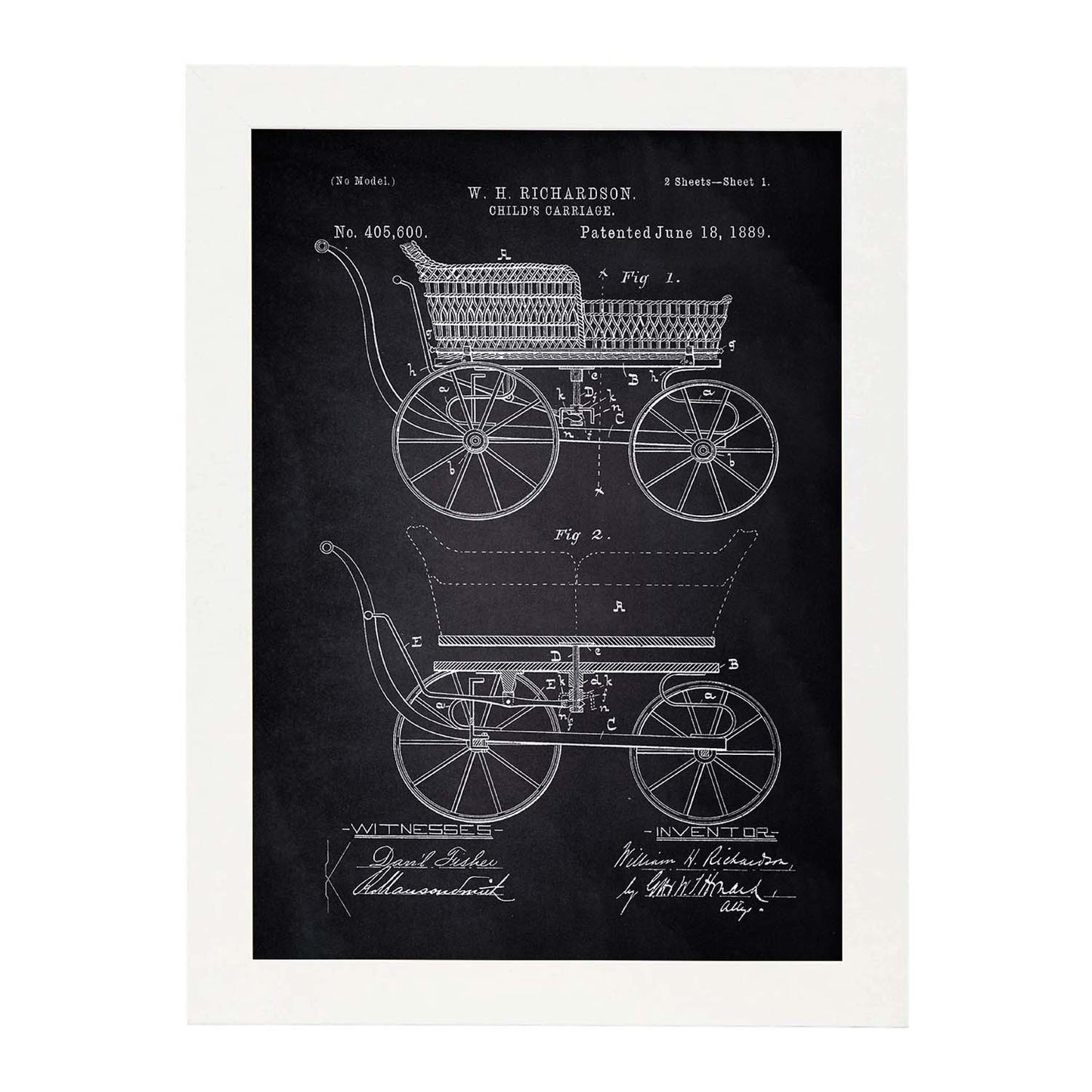 Poster con patente de Carrito bebe. Lámina con diseño de patente antigua-Artwork-Nacnic-A3-Marco Blanco-Nacnic Estudio SL