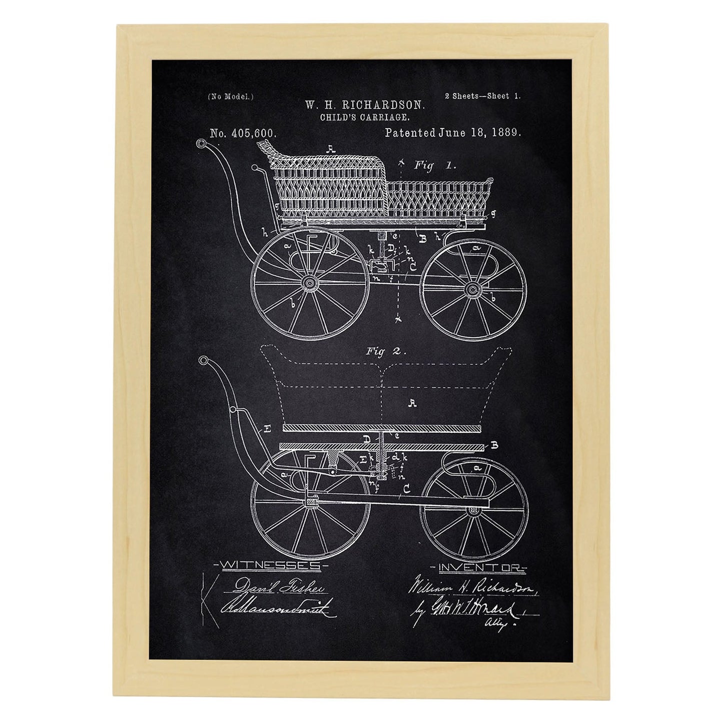 Poster con patente de Carrito bebe. Lámina con diseño de patente antigua-Artwork-Nacnic-A3-Marco Madera clara-Nacnic Estudio SL