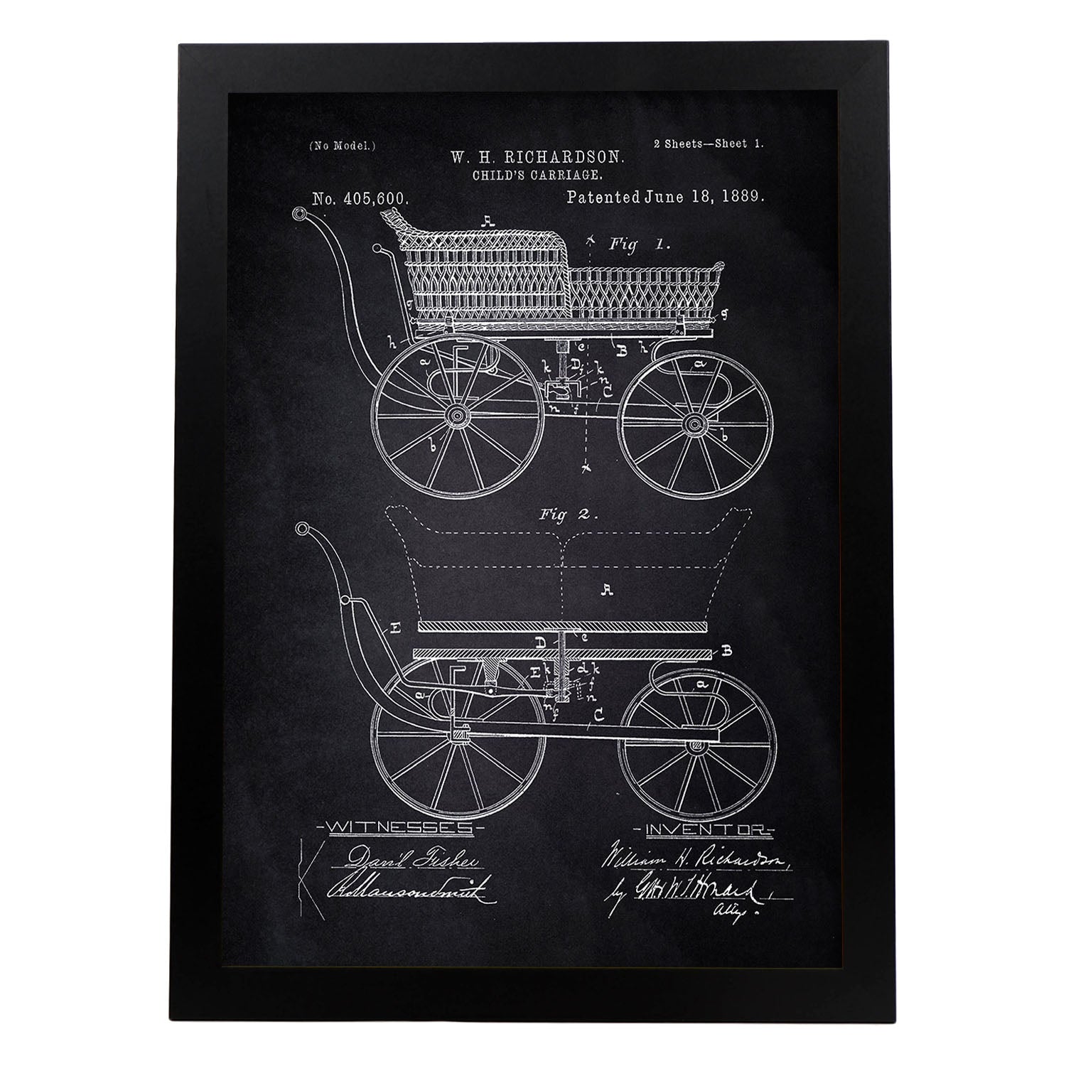 Poster con patente de Carrito bebe. Lámina con diseño de patente antigua-Artwork-Nacnic-A3-Marco Negro-Nacnic Estudio SL