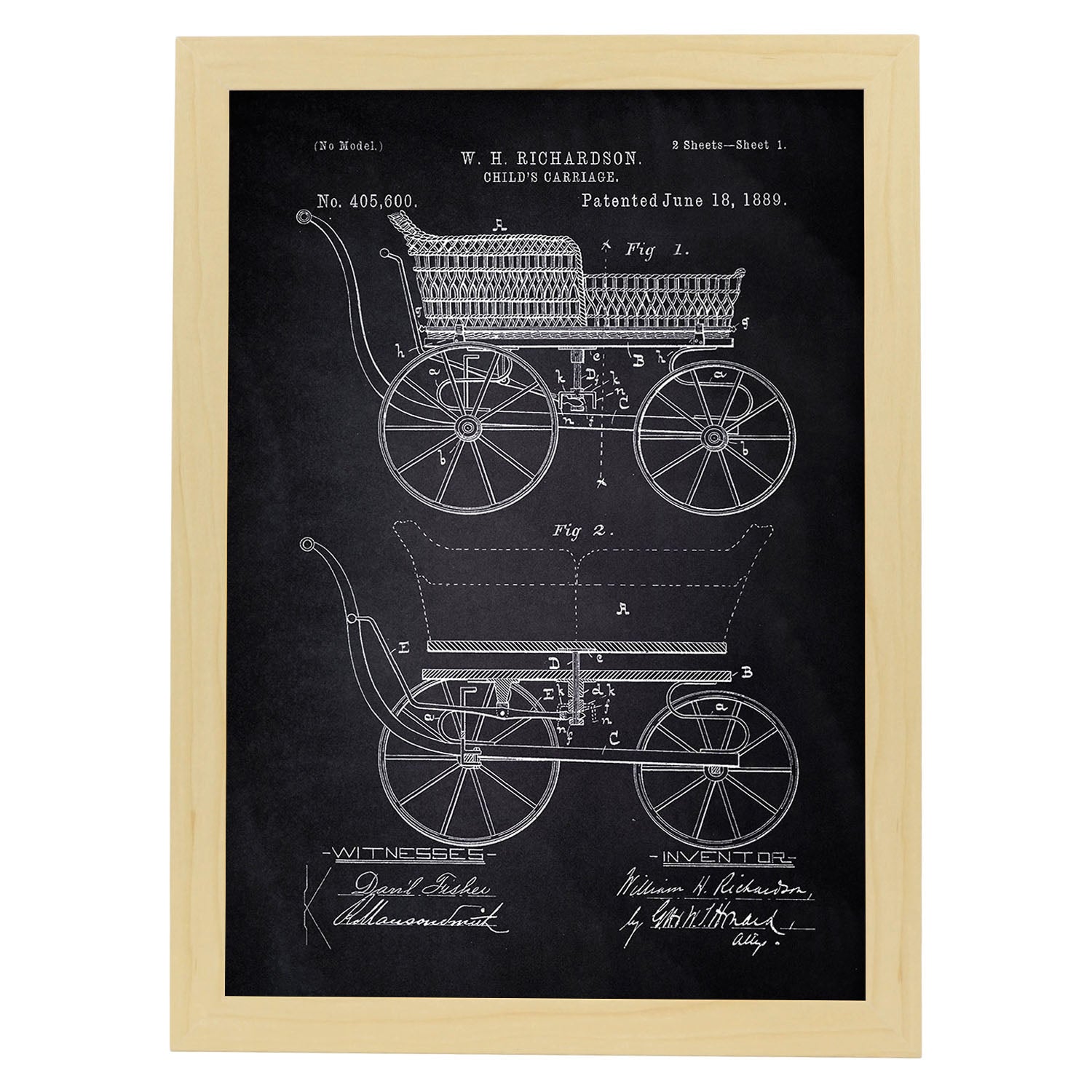 Poster con patente de Carrito bebe. Lámina con diseño de patente antigua-Artwork-Nacnic-A4-Marco Madera clara-Nacnic Estudio SL