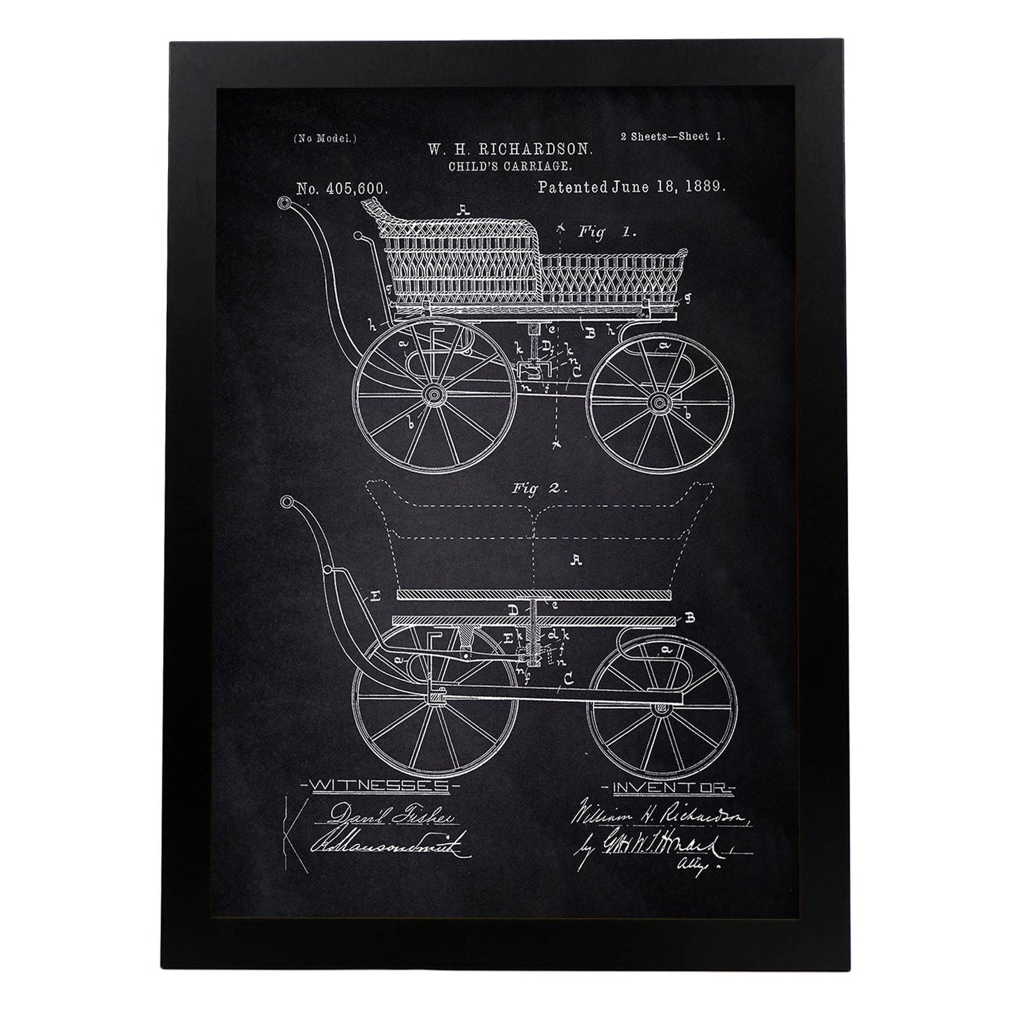 Poster con patente de Carrito bebe. Lámina con diseño de patente antigua-Artwork-Nacnic-A4-Marco Negro-Nacnic Estudio SL