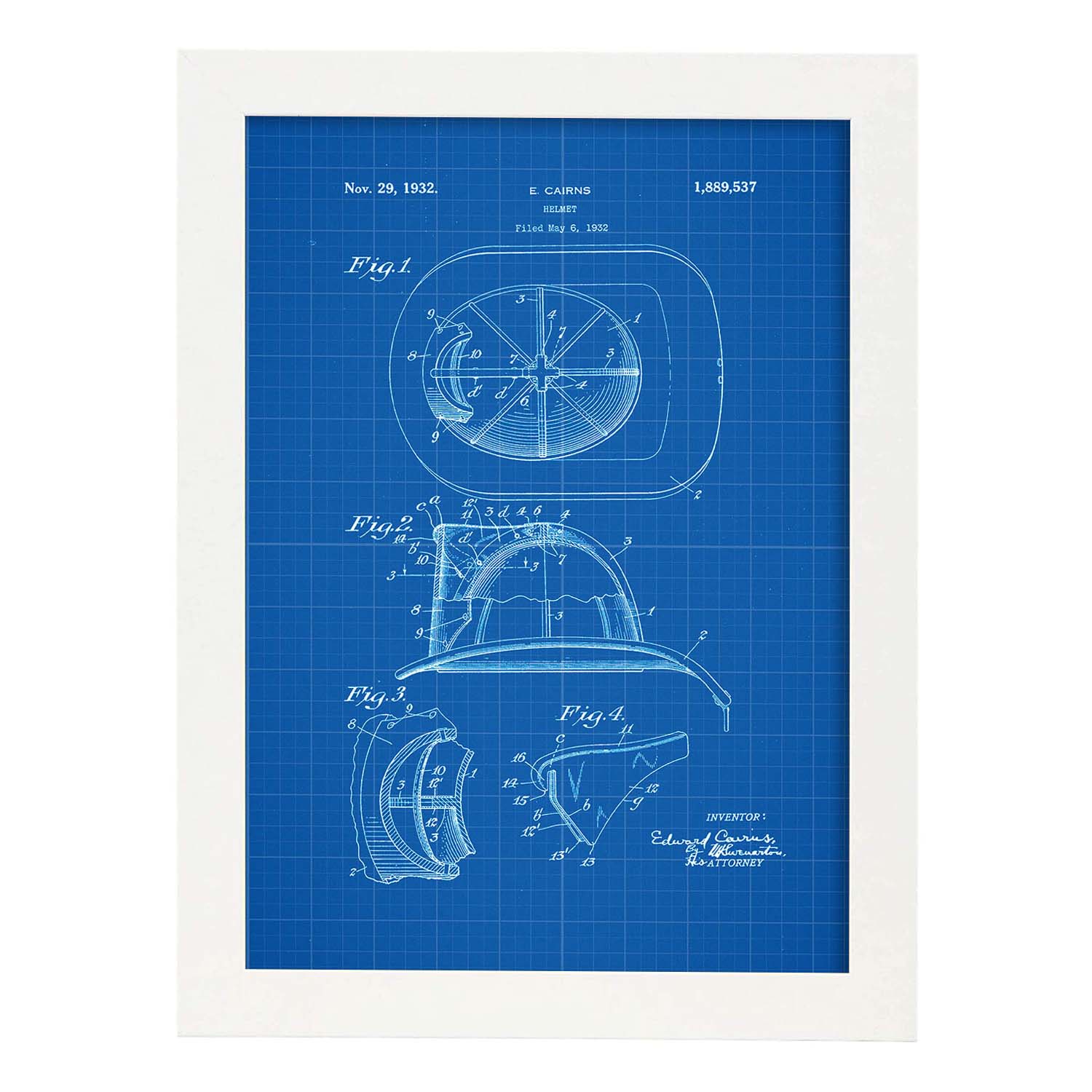 Poster con patente de Casco de bombero 2. Lámina con diseño de patente antigua-Artwork-Nacnic-A3-Marco Blanco-Nacnic Estudio SL