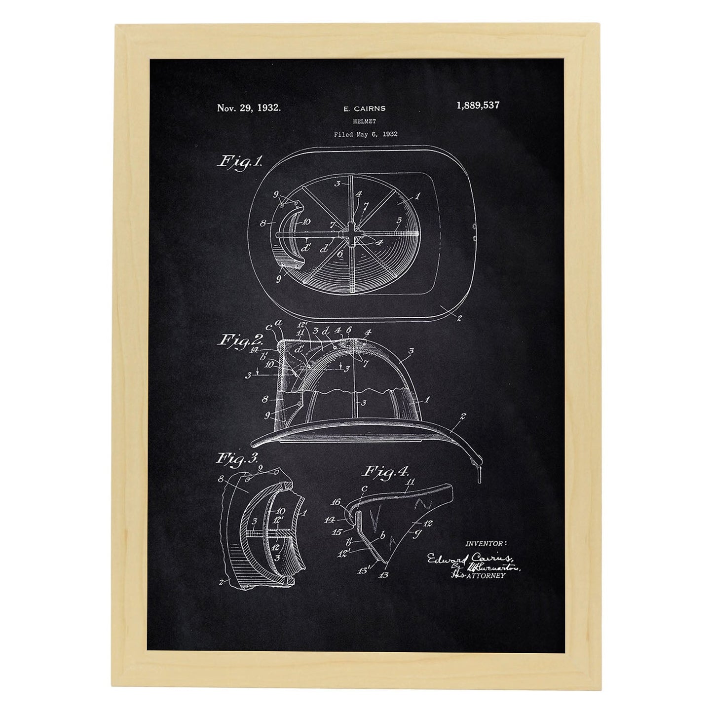 Poster con patente de Casco de bombero 2. Lámina con diseño de patente antigua-Artwork-Nacnic-A3-Marco Madera clara-Nacnic Estudio SL