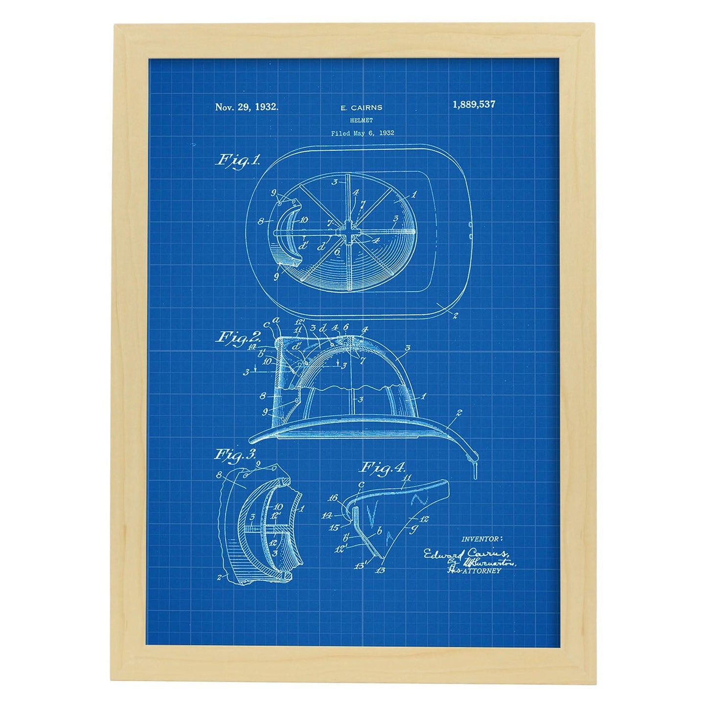 Poster con patente de Casco de bombero 2. Lámina con diseño de patente antigua-Artwork-Nacnic-A3-Marco Madera clara-Nacnic Estudio SL