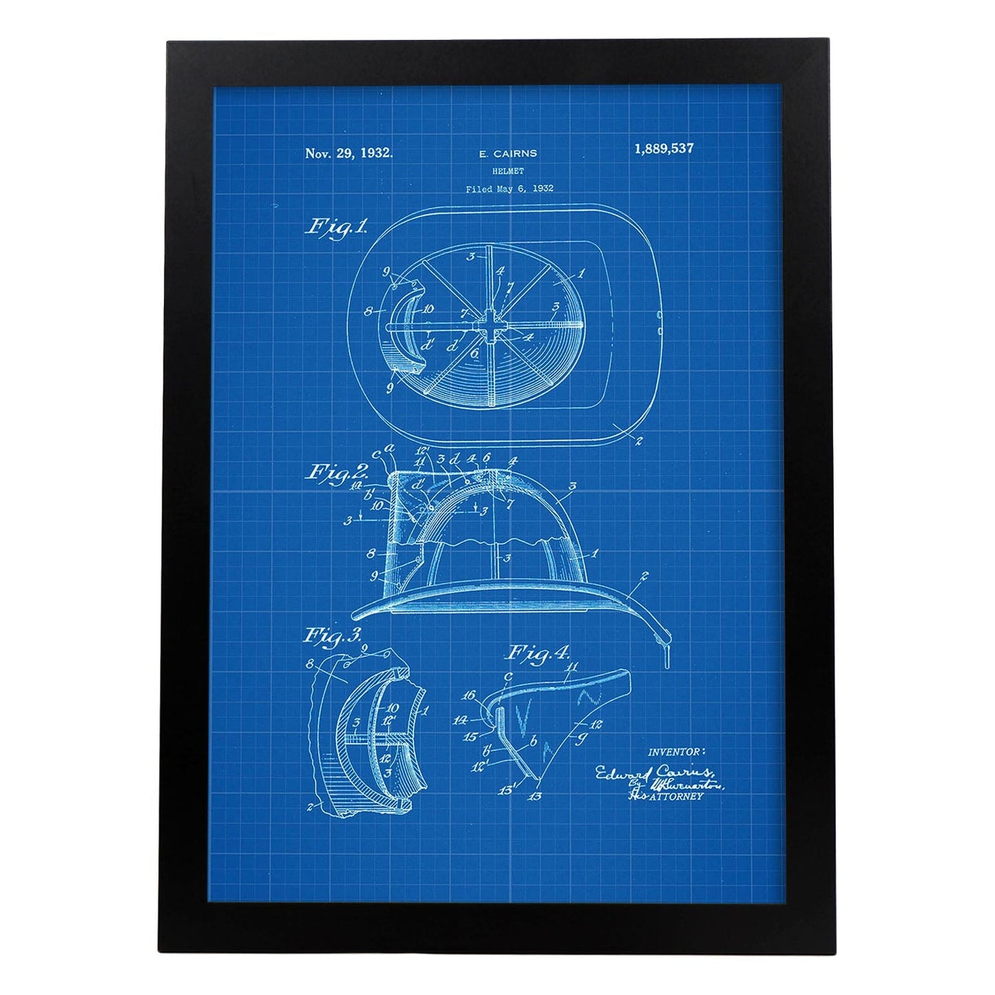Poster con patente de Casco de bombero 2. Lámina con diseño de patente antigua-Artwork-Nacnic-A3-Marco Negro-Nacnic Estudio SL