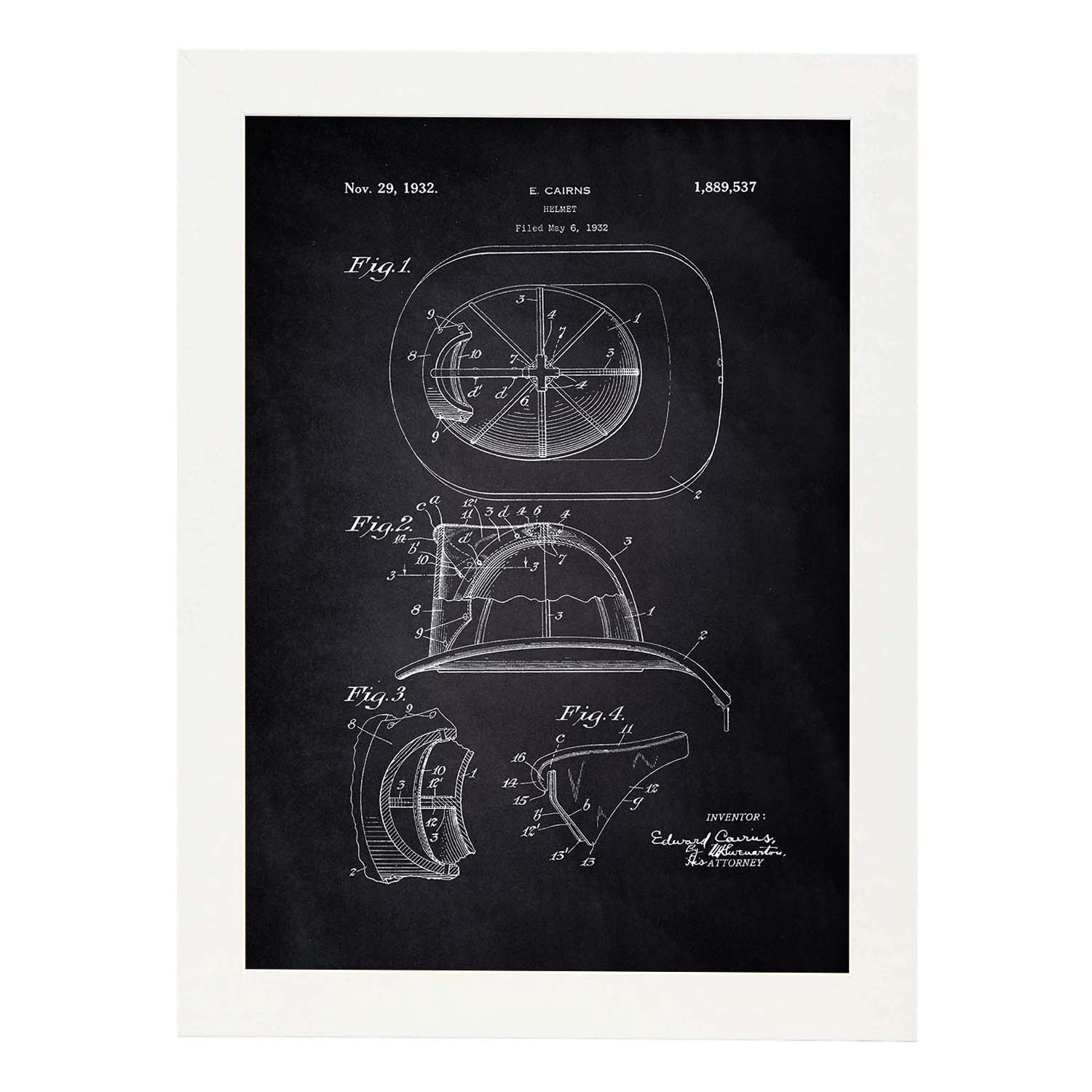 Poster con patente de Casco de bombero 2. Lámina con diseño de patente antigua-Artwork-Nacnic-A4-Marco Blanco-Nacnic Estudio SL