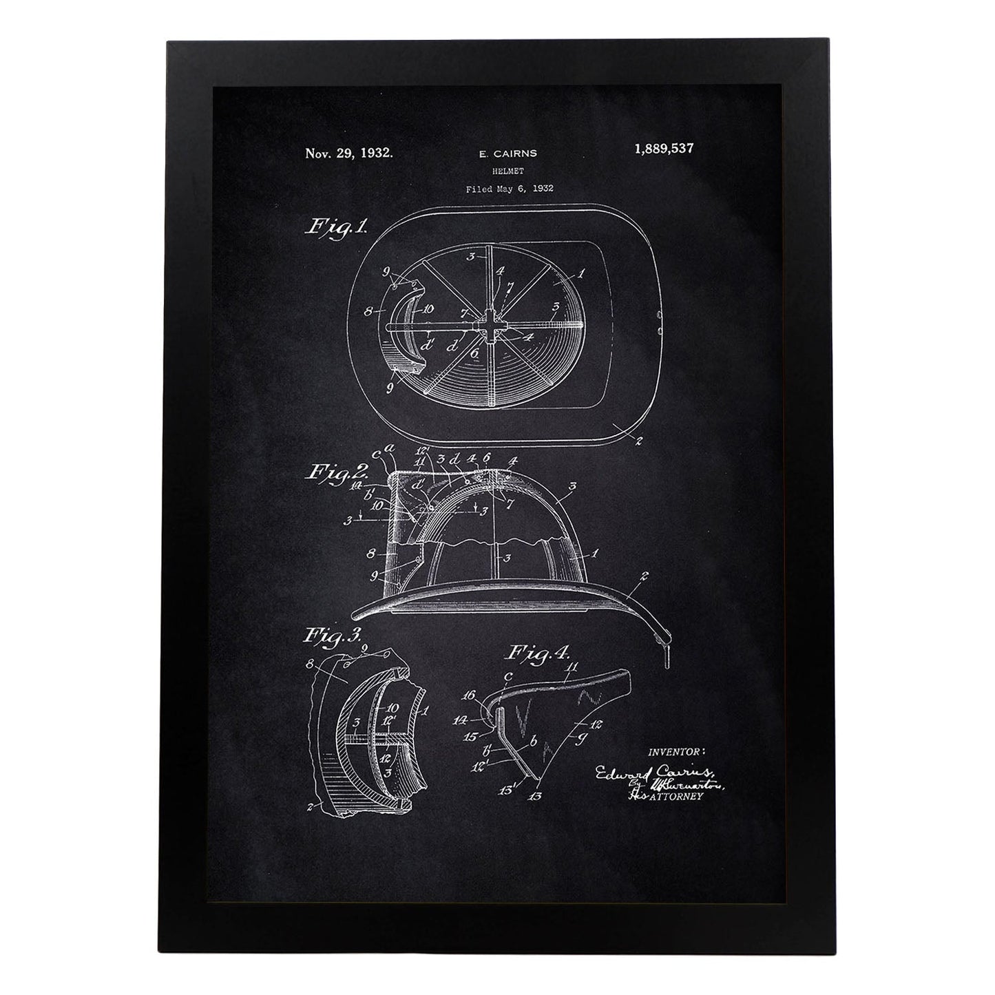 Poster con patente de Casco de bombero 2. Lámina con diseño de patente antigua-Artwork-Nacnic-A4-Marco Negro-Nacnic Estudio SL