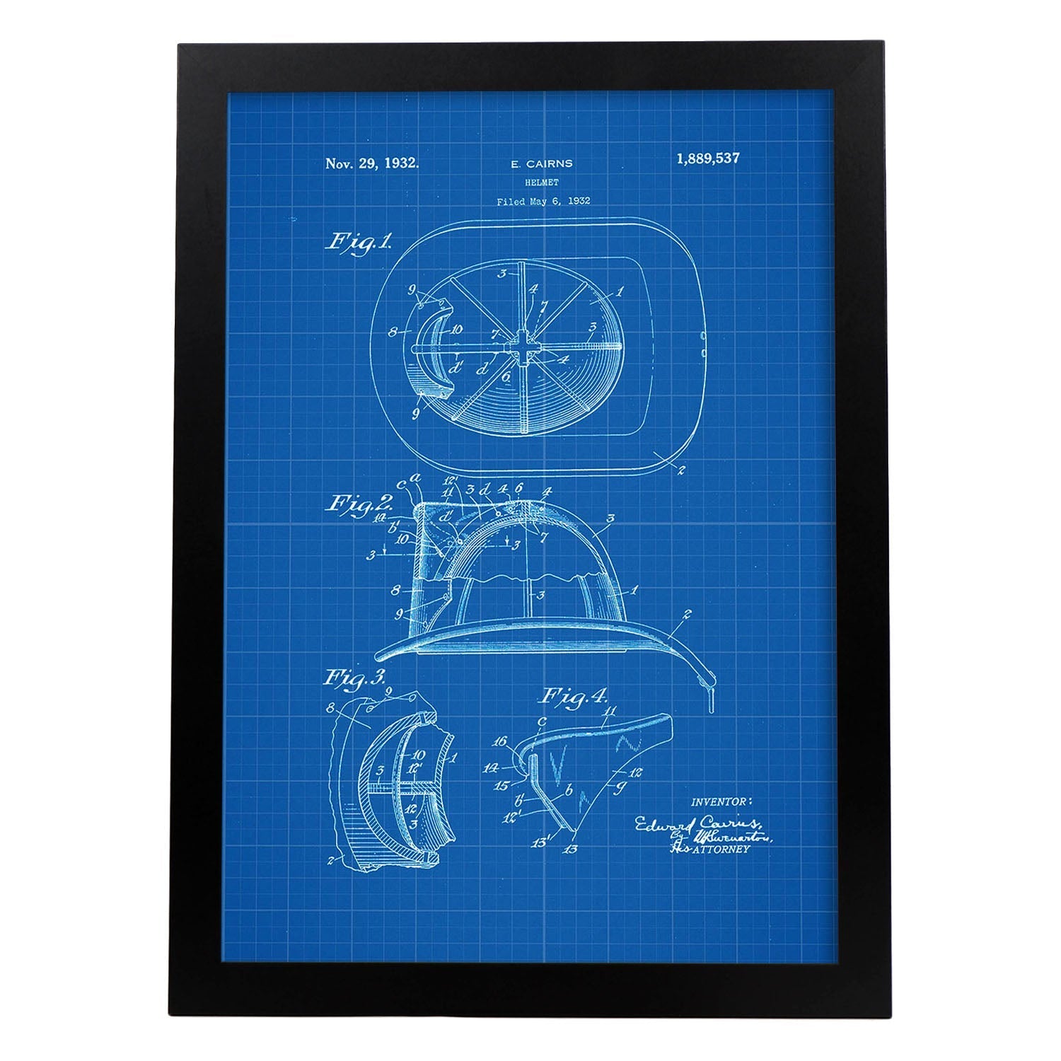 Poster con patente de Casco de bombero 2. Lámina con diseño de patente antigua-Artwork-Nacnic-A4-Marco Negro-Nacnic Estudio SL