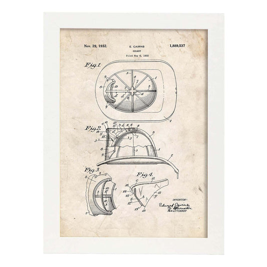 Poster con patente de Casco de bombero 2. Lámina con diseño de patente antigua.-Artwork-Nacnic-A3-Marco Blanco-Nacnic Estudio SL