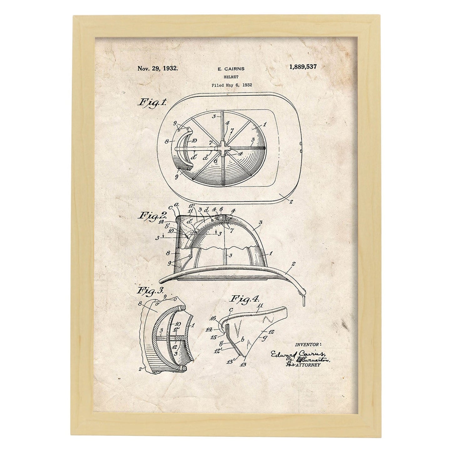 Poster con patente de Casco de bombero 2. Lámina con diseño de patente antigua.-Artwork-Nacnic-A3-Marco Madera clara-Nacnic Estudio SL