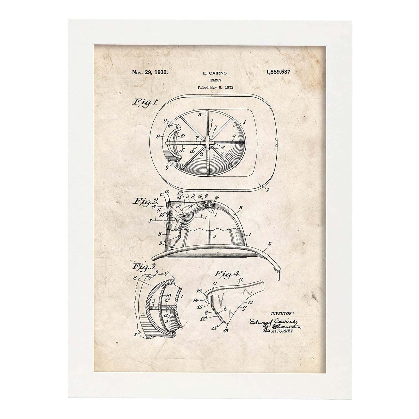 Poster con patente de Casco de bombero 2. Lámina con diseño de patente antigua.-Artwork-Nacnic-A4-Marco Blanco-Nacnic Estudio SL