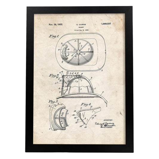 Poster con patente de Casco de bombero 2. Lámina con diseño de patente antigua.-Artwork-Nacnic-A4-Marco Negro-Nacnic Estudio SL