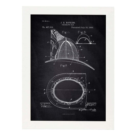 Poster con patente de Casco de bombero. Lámina con diseño de patente antigua-Artwork-Nacnic-A3-Marco Blanco-Nacnic Estudio SL