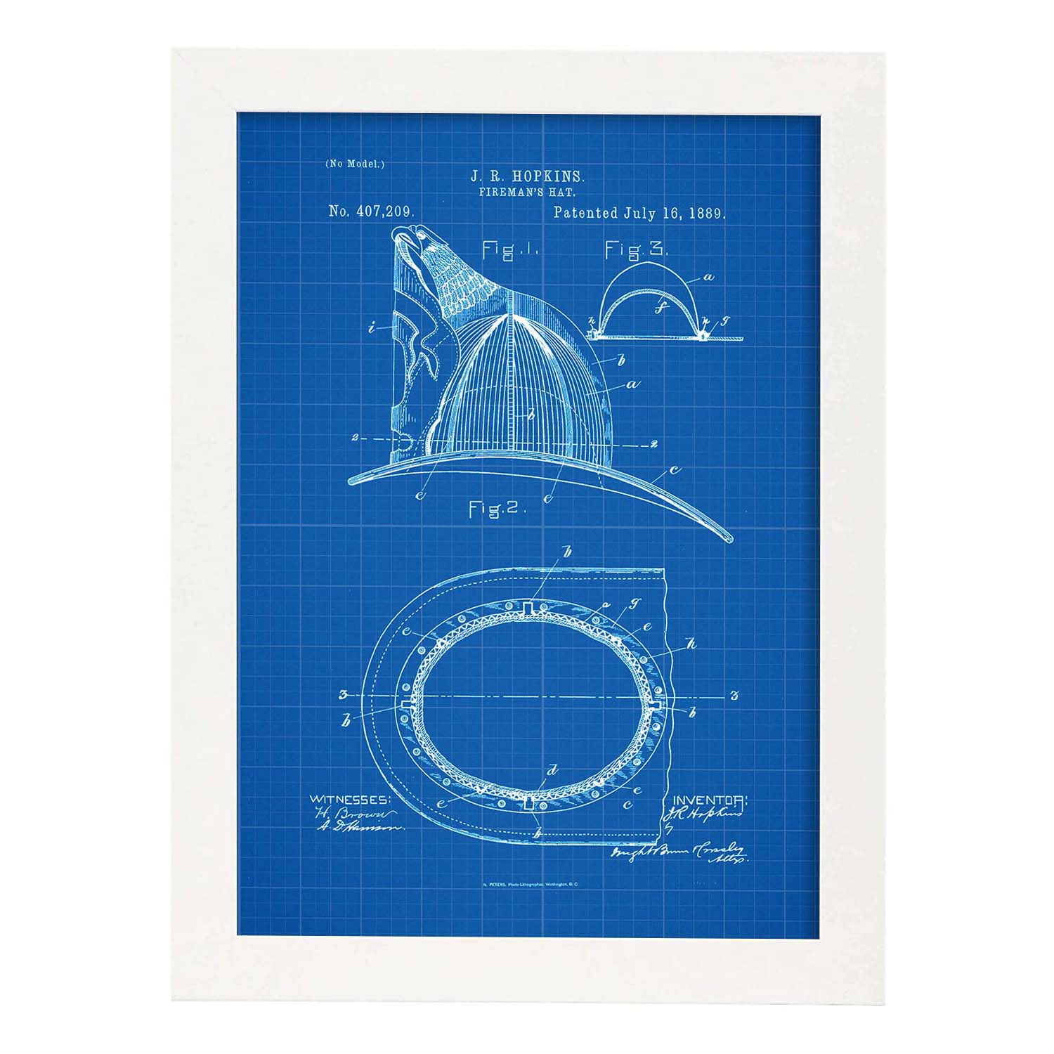 Poster con patente de Casco de bombero. Lámina con diseño de patente antigua-Artwork-Nacnic-A3-Marco Blanco-Nacnic Estudio SL