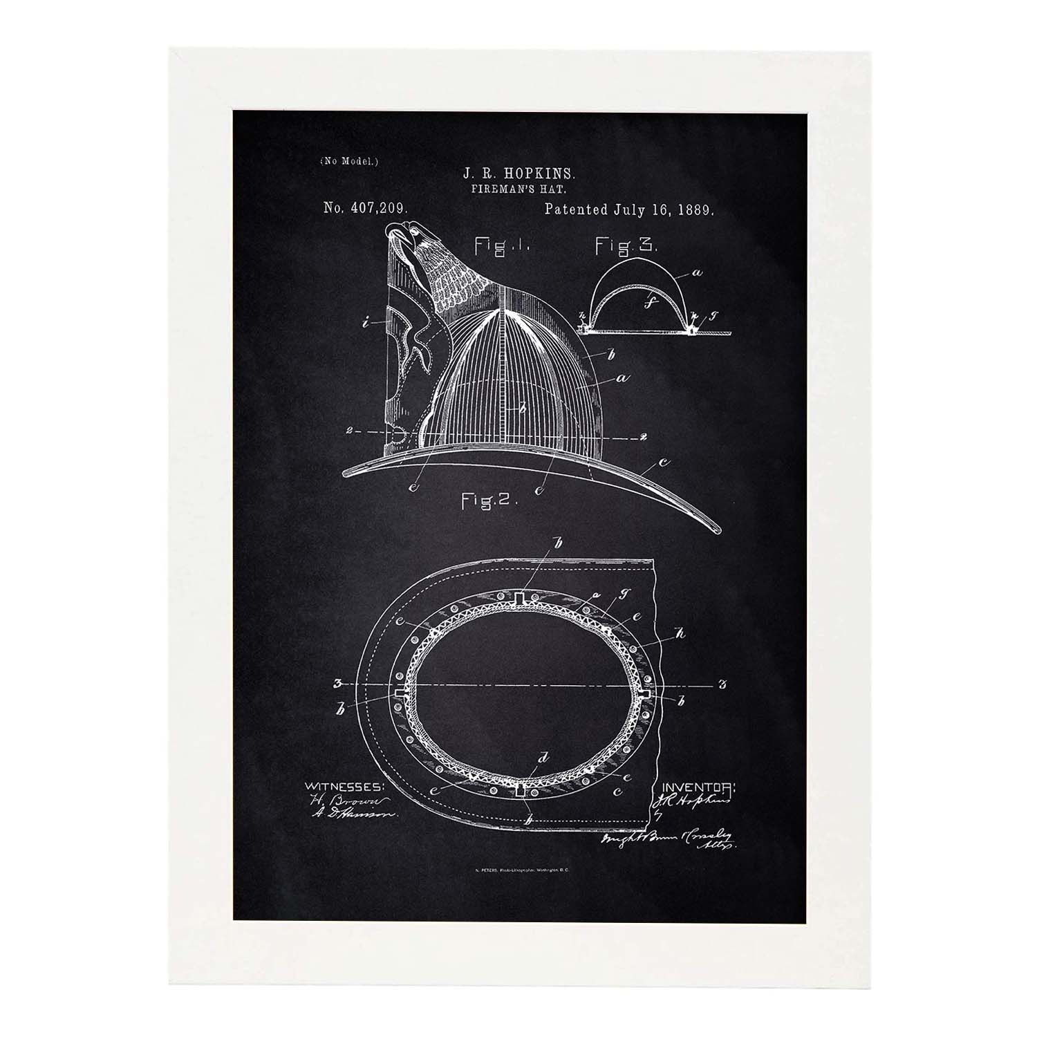 Poster con patente de Casco de bombero. Lámina con diseño de patente antigua-Artwork-Nacnic-A4-Marco Blanco-Nacnic Estudio SL