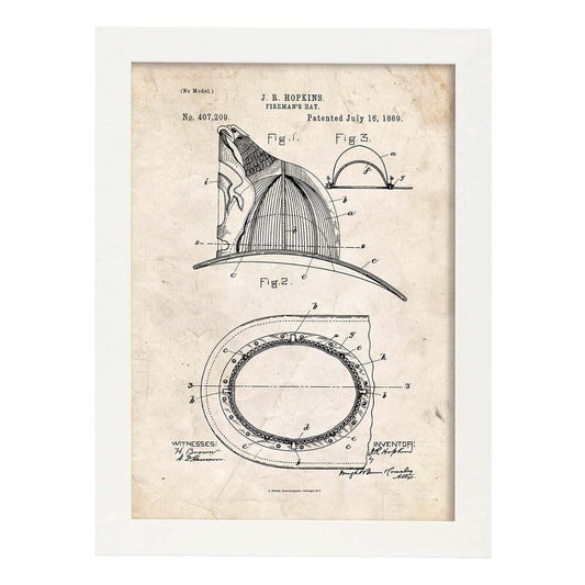 Poster con patente de Casco de bombero. Lámina con diseño de patente antigua.-Artwork-Nacnic-A3-Marco Blanco-Nacnic Estudio SL