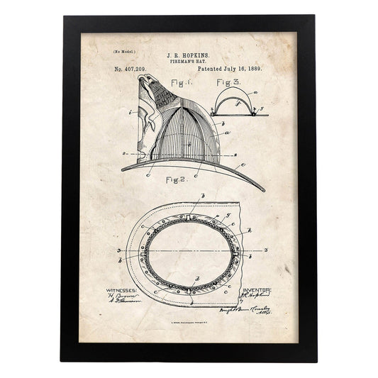 Poster con patente de Casco de bombero. Lámina con diseño de patente antigua.-Artwork-Nacnic-A3-Marco Negro-Nacnic Estudio SL