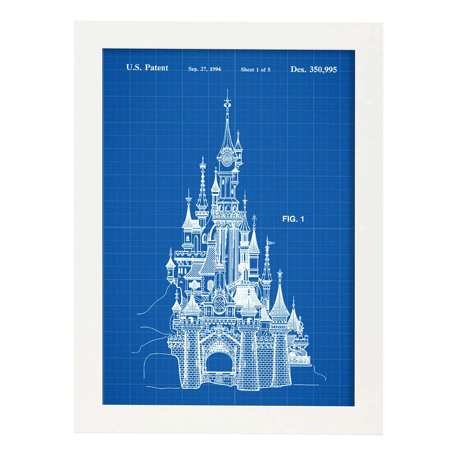 Poster con patente de Castillo Disney. Lámina con diseño de patente antigua-Artwork-Nacnic-A3-Marco Blanco-Nacnic Estudio SL