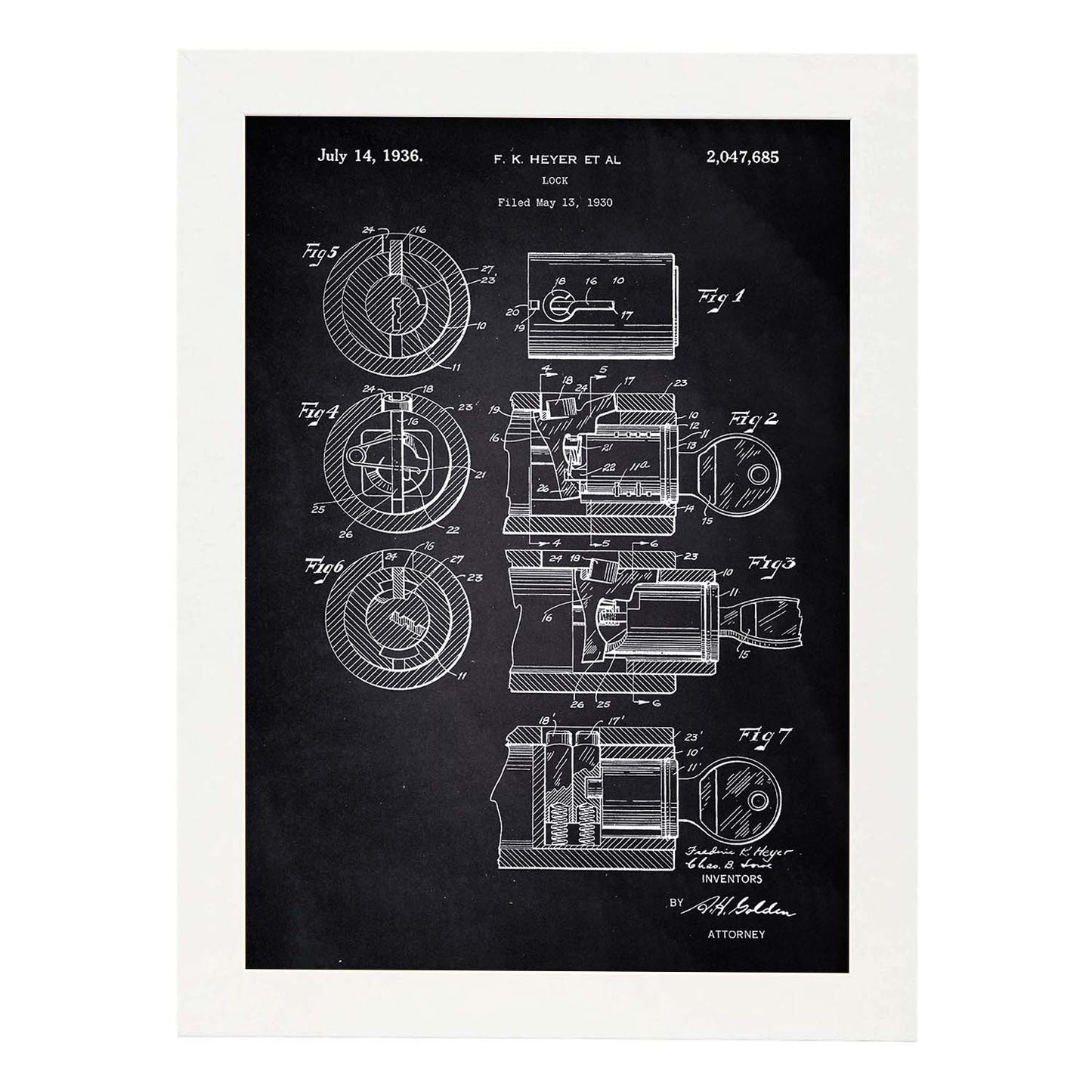 Poster con patente de Cerradura. Lámina con diseño de patente antigua-Artwork-Nacnic-A3-Marco Blanco-Nacnic Estudio SL
