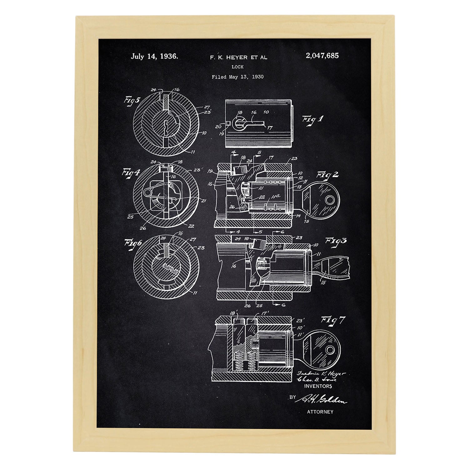 Poster con patente de Cerradura. Lámina con diseño de patente antigua-Artwork-Nacnic-A3-Marco Madera clara-Nacnic Estudio SL