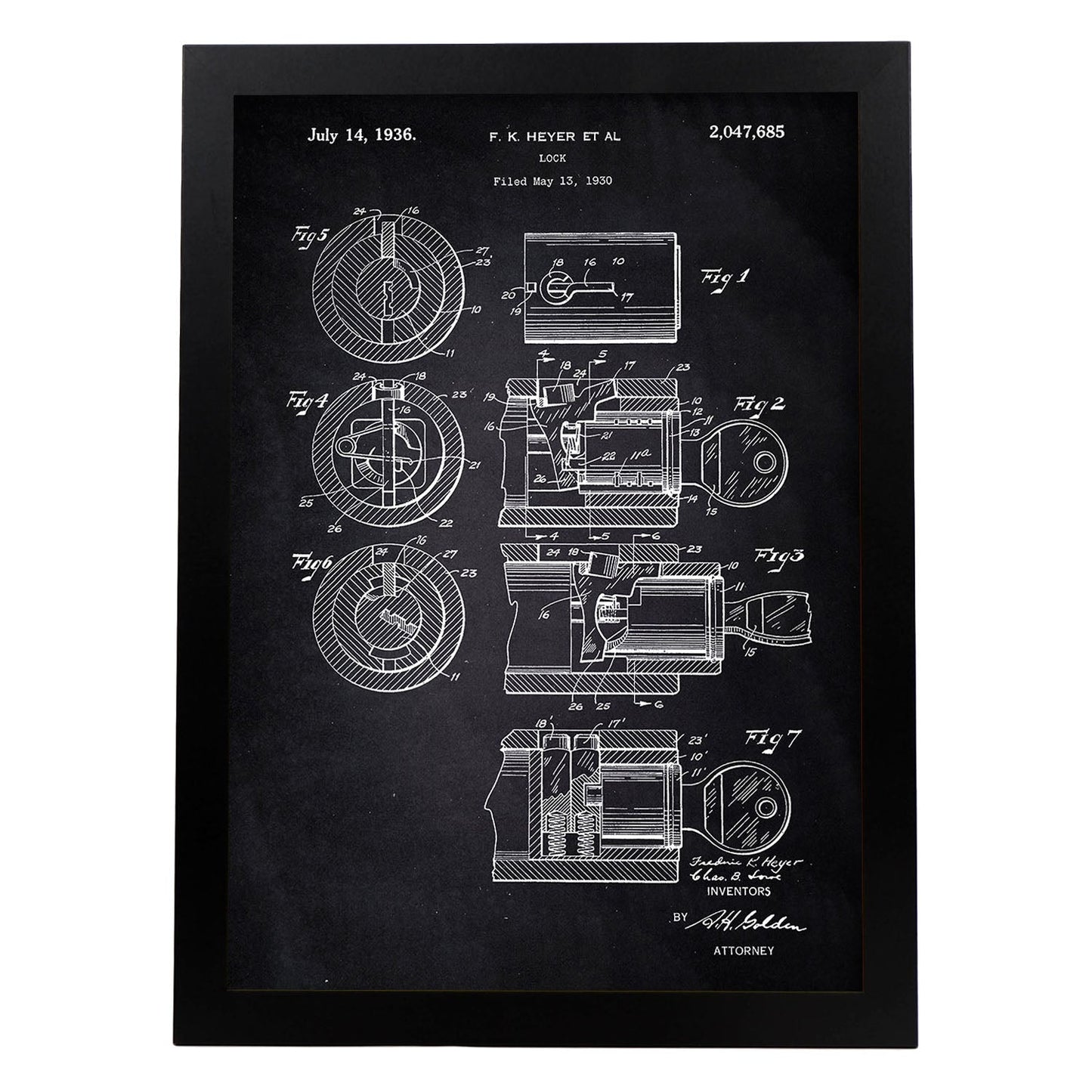 Poster con patente de Cerradura. Lámina con diseño de patente antigua-Artwork-Nacnic-A3-Marco Negro-Nacnic Estudio SL