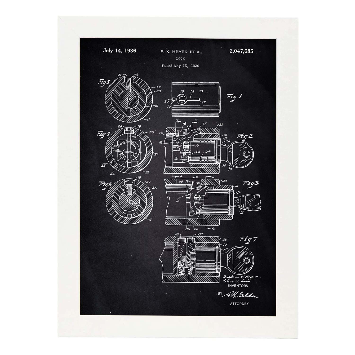 Poster con patente de Cerradura. Lámina con diseño de patente antigua-Artwork-Nacnic-A4-Marco Blanco-Nacnic Estudio SL