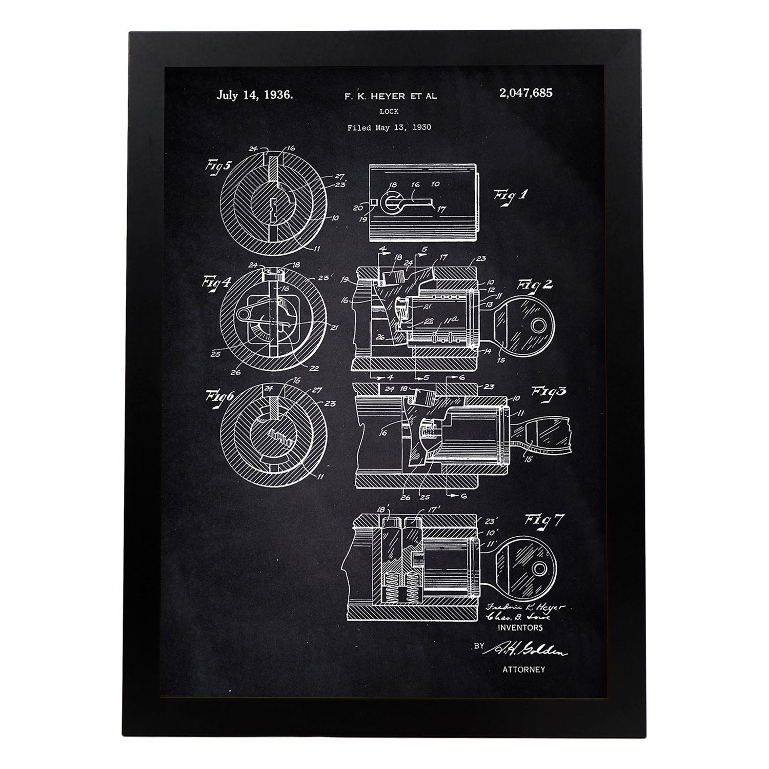 Poster con patente de Cerradura. Lámina con diseño de patente antigua-Artwork-Nacnic-A4-Marco Negro-Nacnic Estudio SL