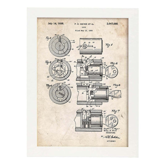 Poster con patente de Cerradura. Lámina con diseño de patente antigua.-Artwork-Nacnic-A4-Marco Blanco-Nacnic Estudio SL