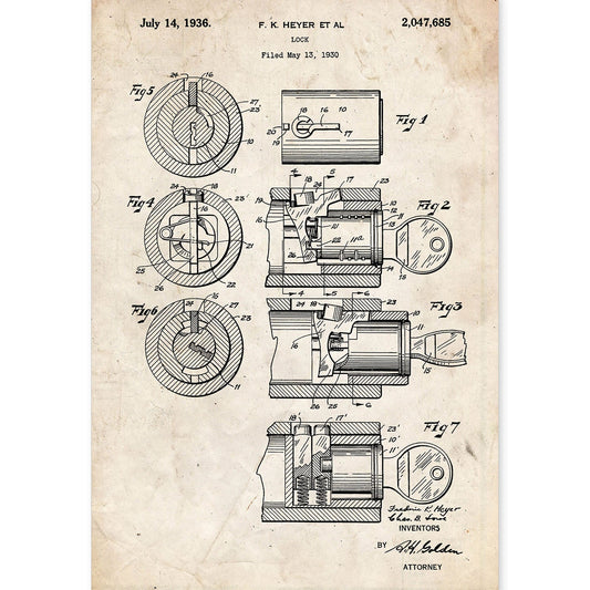 Poster con patente de Cerradura. Lámina con diseño de patente antigua.-Artwork-Nacnic-A4-Sin marco-Nacnic Estudio SL