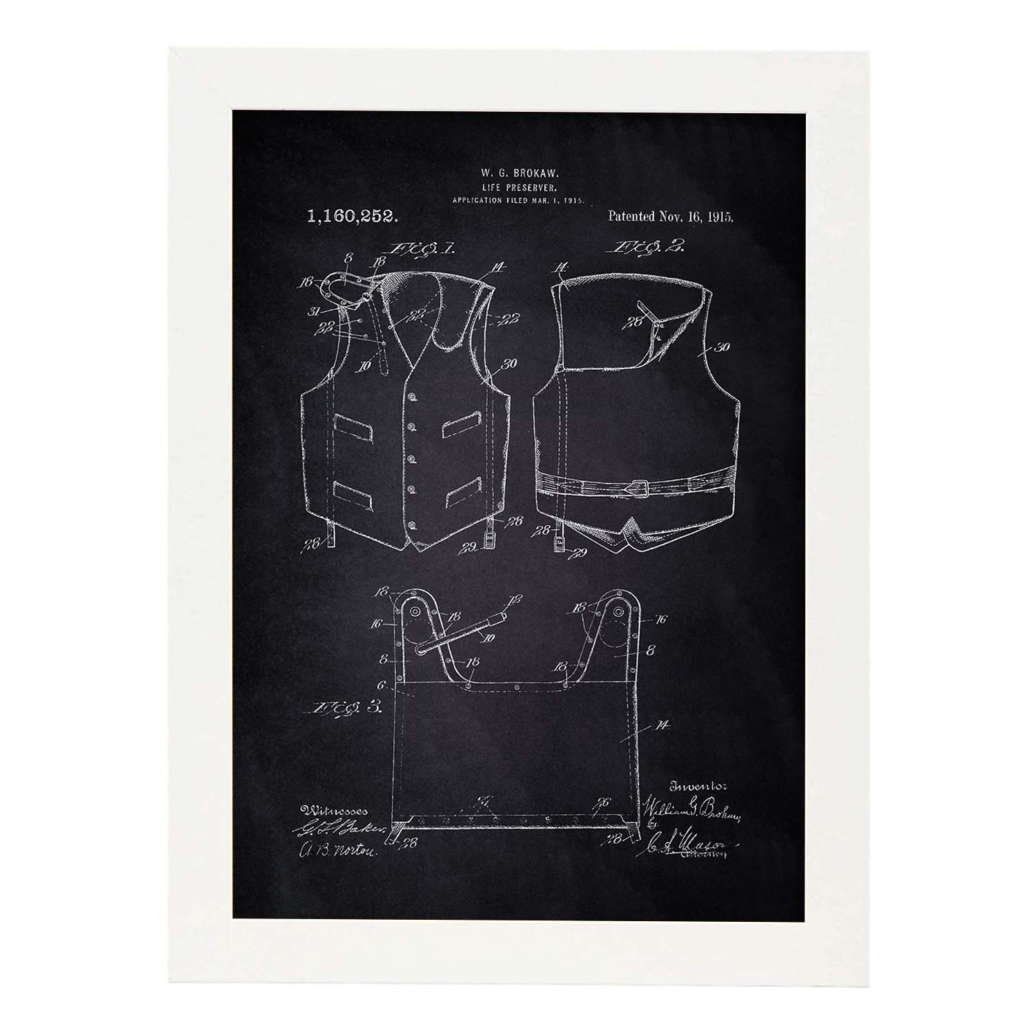 Poster con patente de Chaleco salvavidas 1. Lámina con diseño de patente antigua-Artwork-Nacnic-A3-Marco Blanco-Nacnic Estudio SL