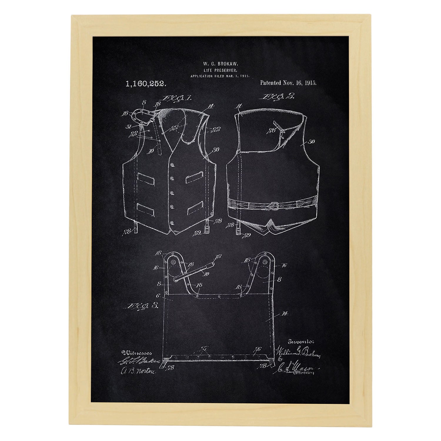 Poster con patente de Chaleco salvavidas 1. Lámina con diseño de patente antigua-Artwork-Nacnic-A3-Marco Madera clara-Nacnic Estudio SL