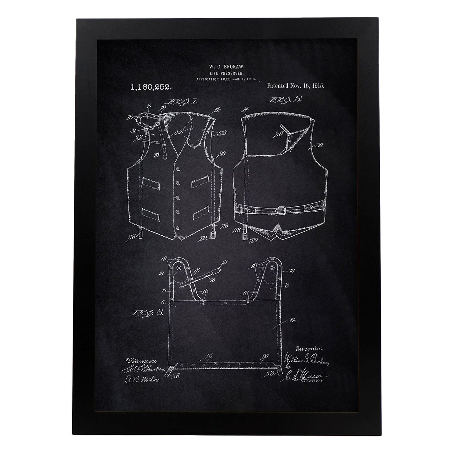 Poster con patente de Chaleco salvavidas 1. Lámina con diseño de patente antigua-Artwork-Nacnic-A3-Marco Negro-Nacnic Estudio SL