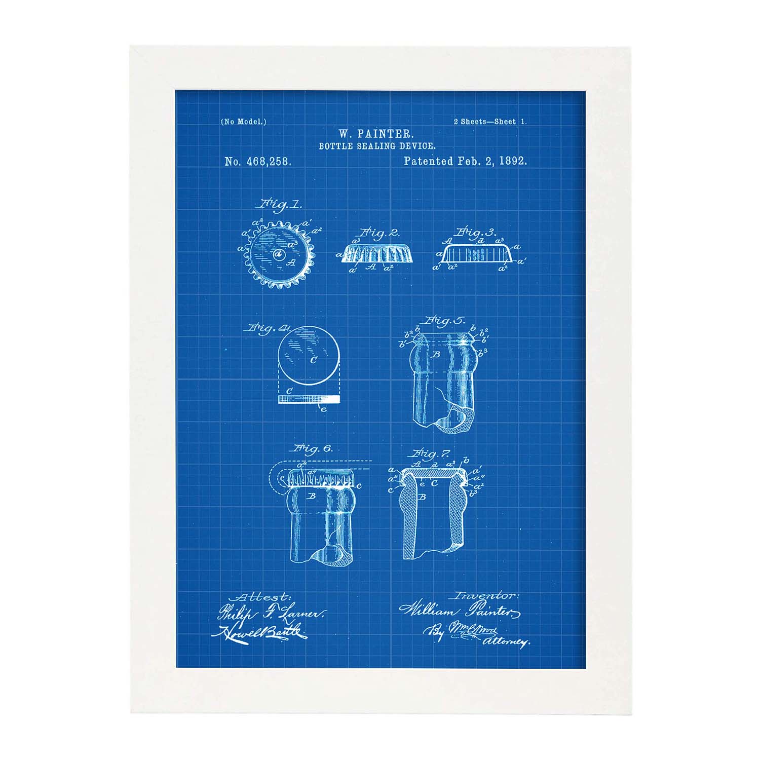 Poster con patente de Chapa de botella. Lámina con diseño de patente antigua-Artwork-Nacnic-A3-Marco Blanco-Nacnic Estudio SL